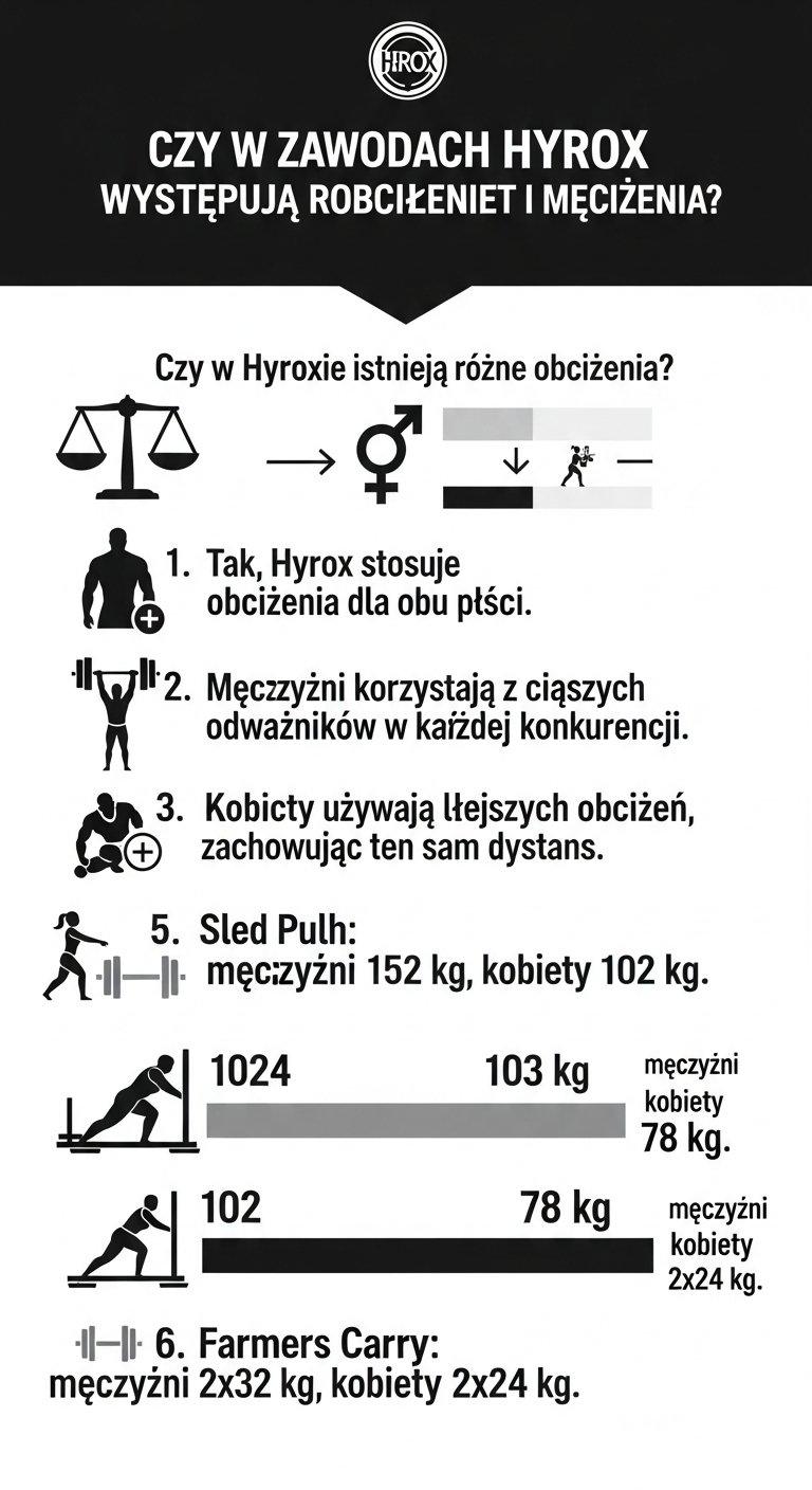 Infografika: Czy w zawodach Hyrox występują różne obciążenia dla kobiet i mężczyzn?